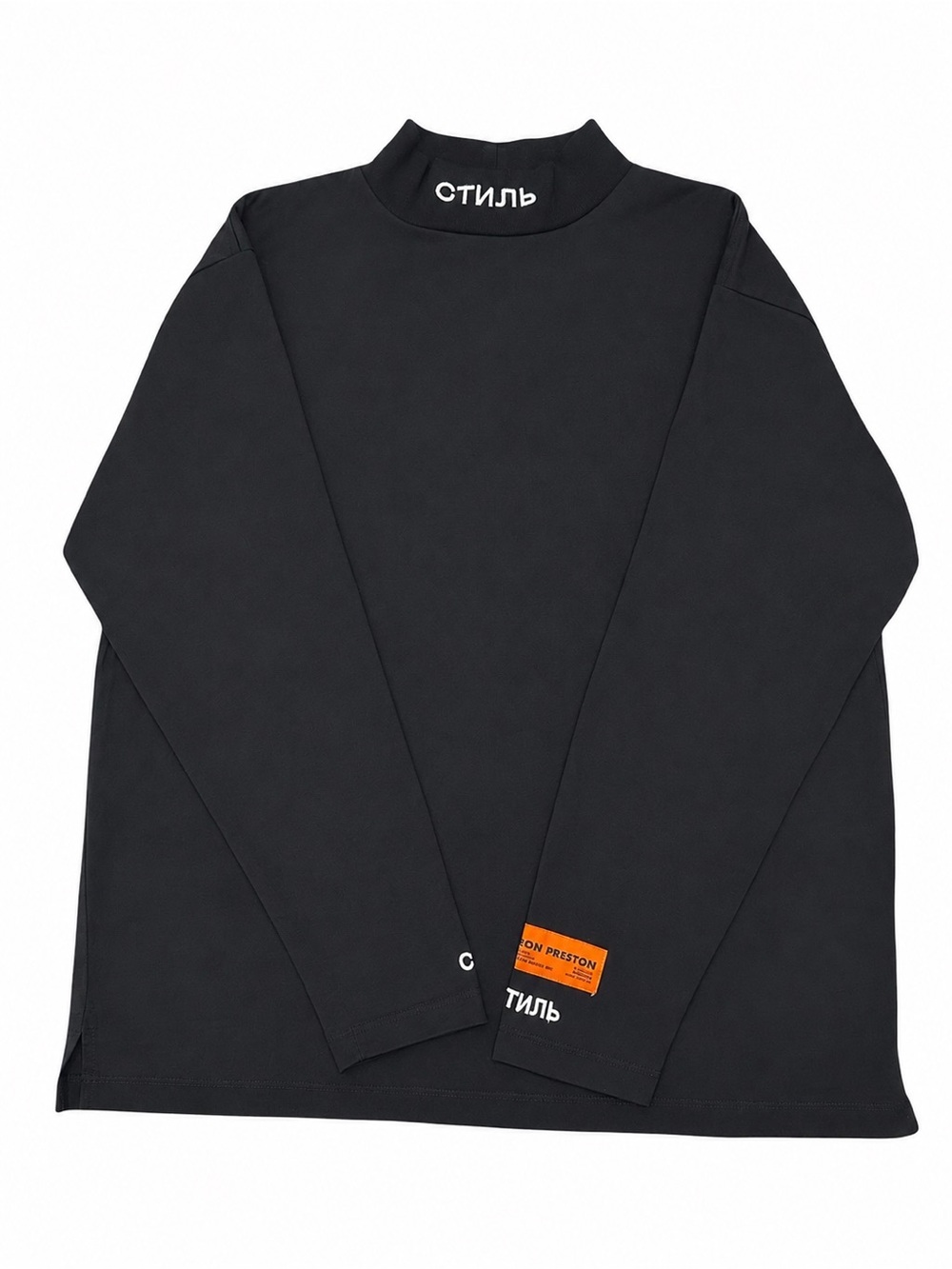 Heron Preston Black Long-Sleeve Mock Neck Tee with Orange Patch Стиль